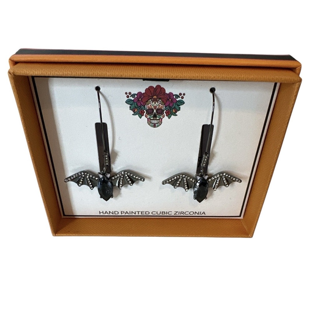 New Hand Painted Cubic Zirconia  Bat Halloween Drop Earrings‎ Black Bright